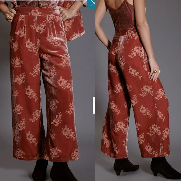NEW NWT Hutch Dusty Rose Velvet Floral Burnout Wide Leg Trouser Pants - S - Picture 1 of 9